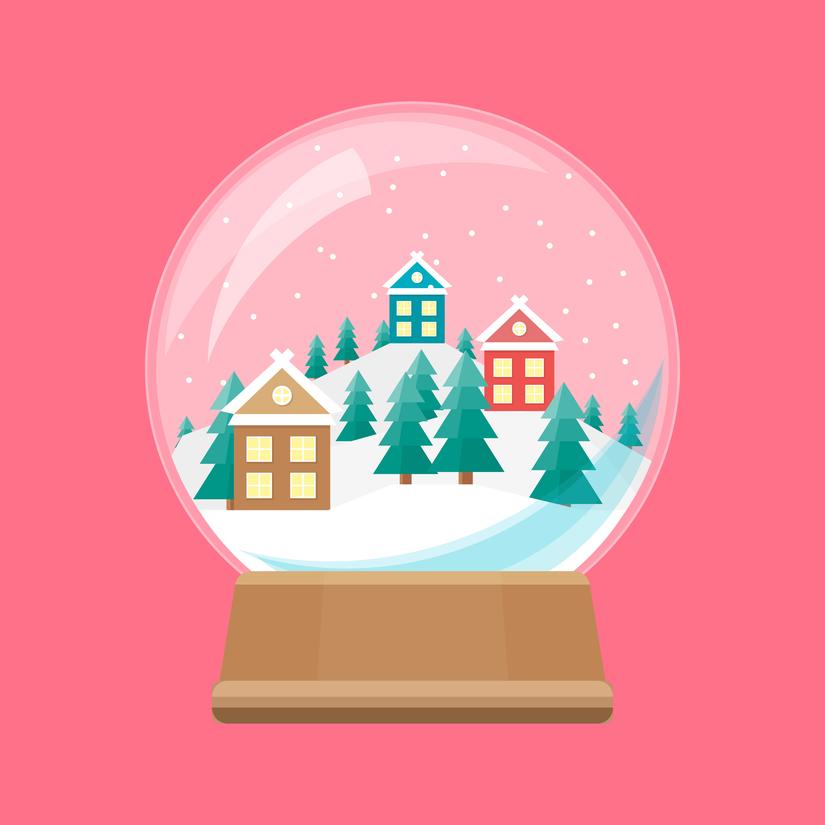 Holiday card featuring a simple snowglobe design with various animated messages.